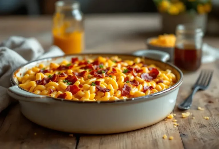 Macaroni ultra crémeux au cheddar fort, bacon croustillant et sirop d'érable